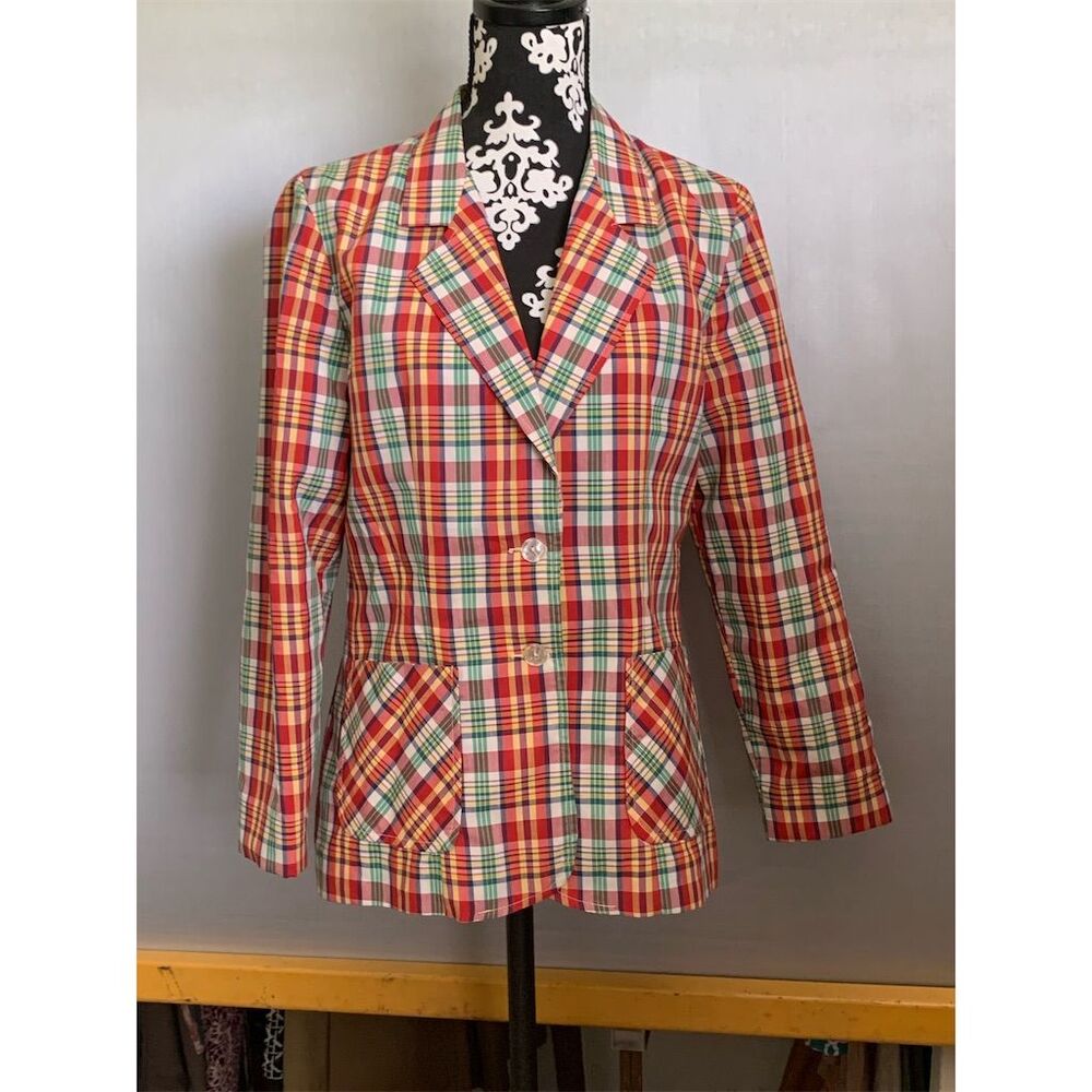 Vintage 70s JBJ Plaid‎ Seersucker Blazer Women Size 13/14 Multicolor